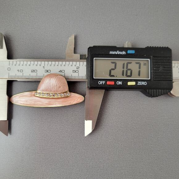 Vintage Pink Peach Enamel Hat Brooch Pin with Rhinestones, 2.17" Wide, Gift Box - Picture 3 of 8